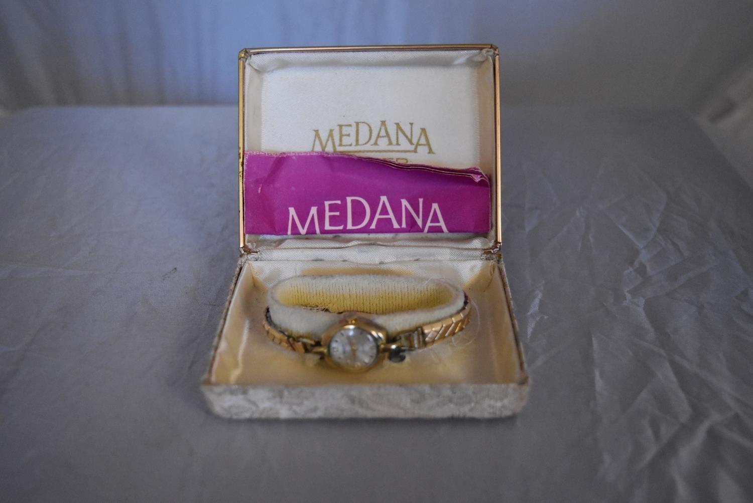 A vintage ladies gold plated hand wound Medana watch. White enamel dial with gold plated markers, on - Image 2 of 7