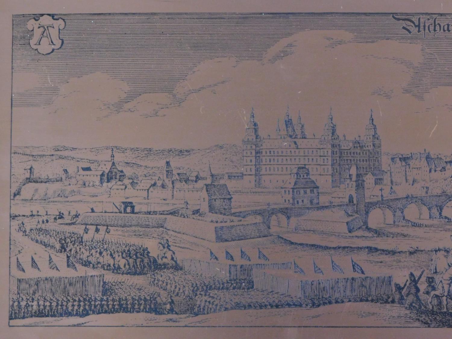 A vintage copper plate engraving of the German city of Aschaffenburg mounted on a wooden board. - Image 2 of 6