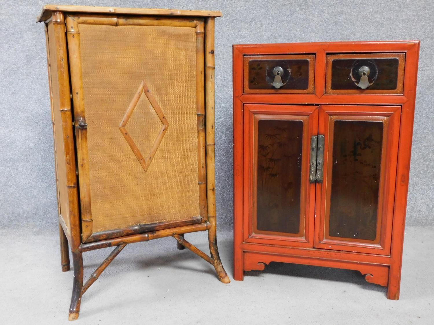 A Victorian bamboo cabinet together with a Chinese red lacquered cabinet with hand painted floral