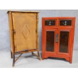 A Victorian bamboo cabinet together with a Chinese red lacquered cabinet with hand painted floral