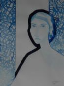A framed and glazed acrylic ink on paper by Danish artist Natalie Nigro, titled 'Dubai blue',