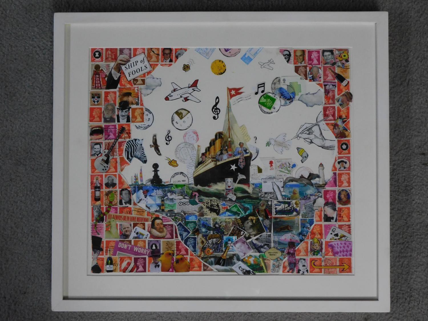 A framed and glazed collage by artist Andrew Barrow, titled 'Ship of Fools'. 43x48cm - Image 2 of 3