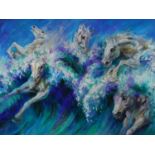 A oil on canvas of horses swimming on the ocean, by Robert Barnete. 46x61cm