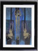 A framed and glazed watercolour of abstract people. Indistinctly signed. 38x29cm