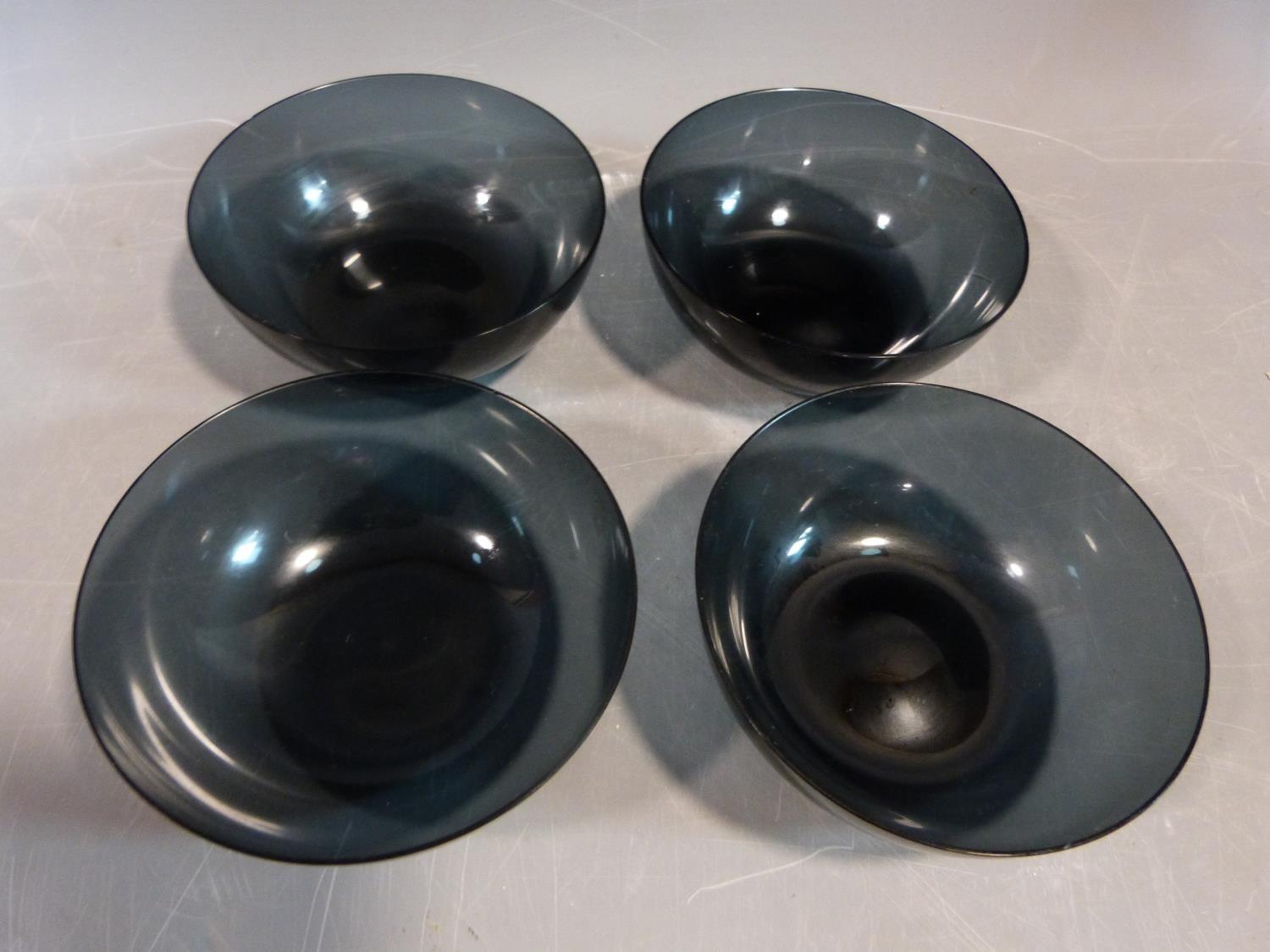 Six mid century glass blue grey bowls and six smokey grey drinking glasses. Possibly Danish. H 9. - Image 2 of 12