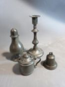 A collection of antique pewter items. Including a candle stick, mustard pot with blue ceramic liner,