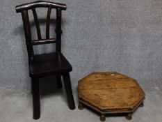 An antique Chinese hardwood hall chair together with an antique Eastern octagonal low coffee