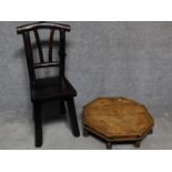 An antique Chinese hardwood hall chair together with an antique Eastern octagonal low coffee