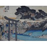 An antique coloured woodblock print from the '53 Stations of the Tokaido' series by Hiroshige.