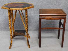 A bamboo lamp table together with a Chinese hardwood lamp table. H.71 W.50 D.50cm
