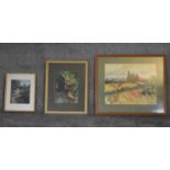 Three framed and glazed watercolours, country scenes. H.56 x 66cm (largest)