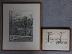 A framed and glazed pencil sketch of church grounds, indistinctly signed. Together with a framed and