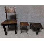 An antique style Eastern dining chair together with an antique style low table and a stool. H.96cm