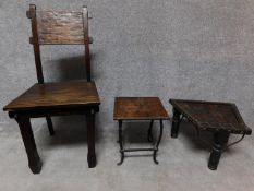 An antique style Eastern dining chair together with an antique style low table and a stool. H.96cm