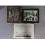 Three framed and glazed prints. Two from paintings by L. S. Lowry. The other depicting a street