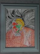 A framed and glazed pastel depicting a fruit bowl on a table in the surrealist style, unsigned.