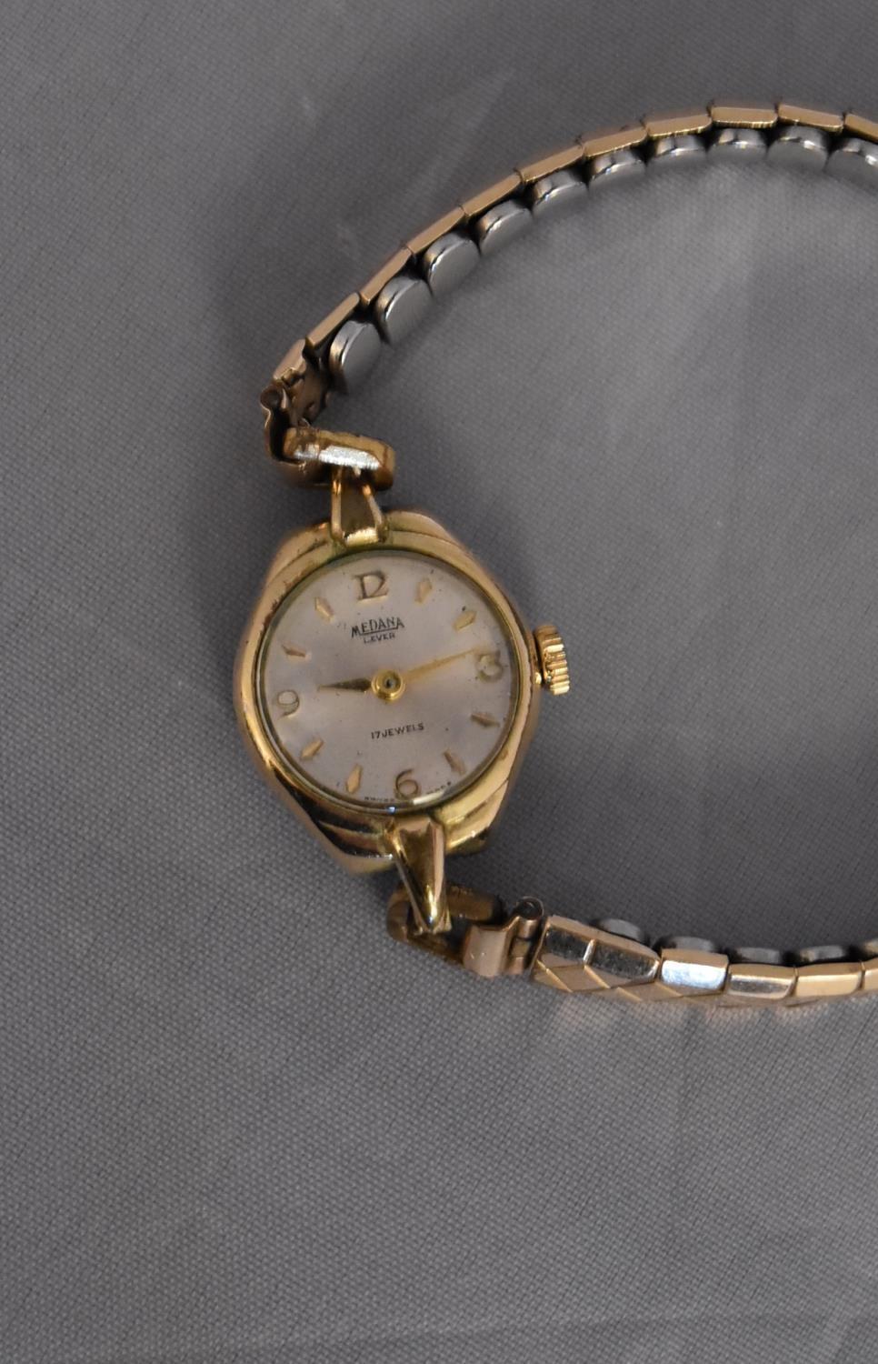 A vintage ladies gold plated hand wound Medana watch. White enamel dial with gold plated markers, on - Image 4 of 7