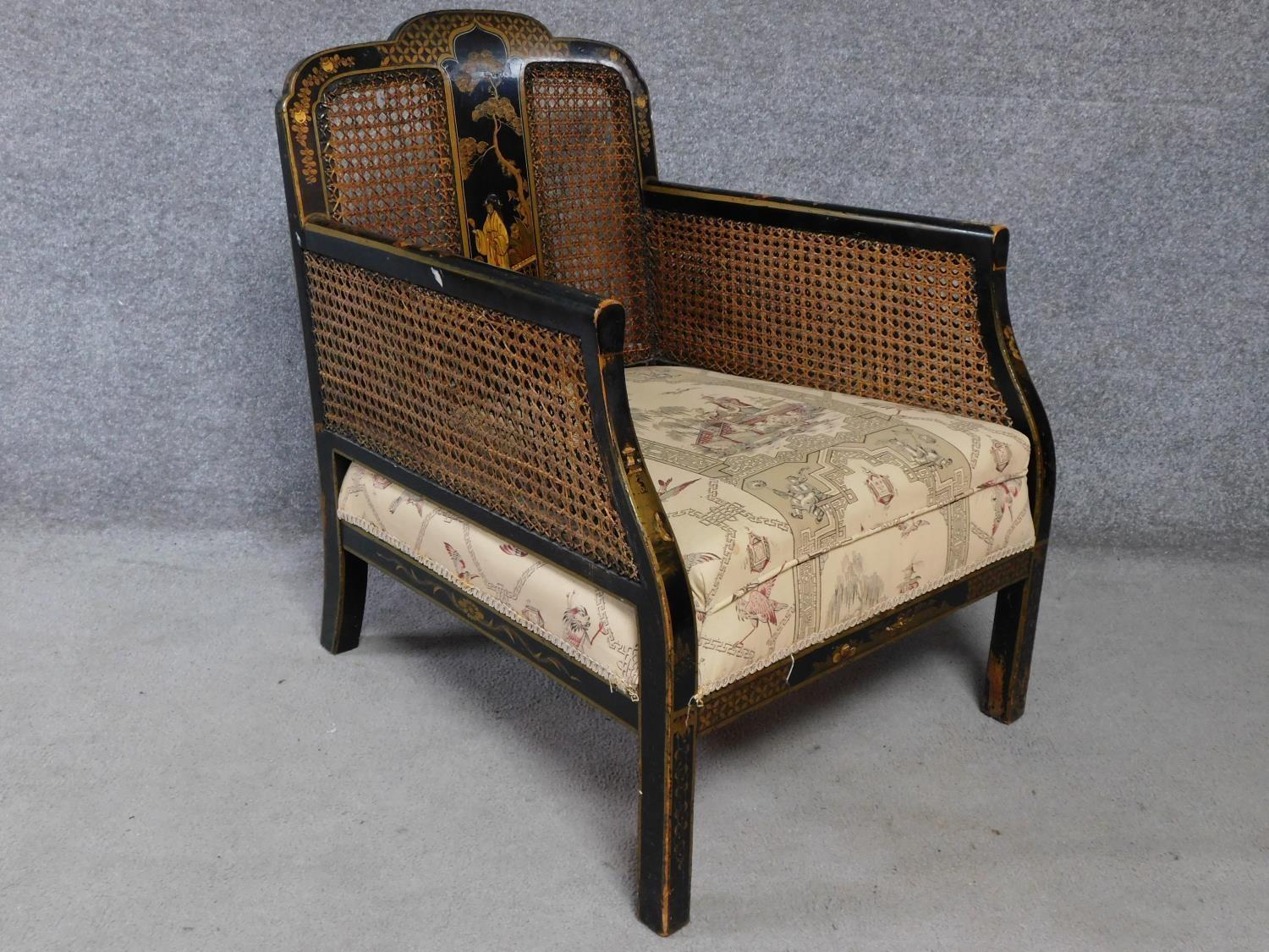 A Japanned and lacquered bergere style armchair on square supports. H.81 W.76 D.66cm - Image 2 of 6