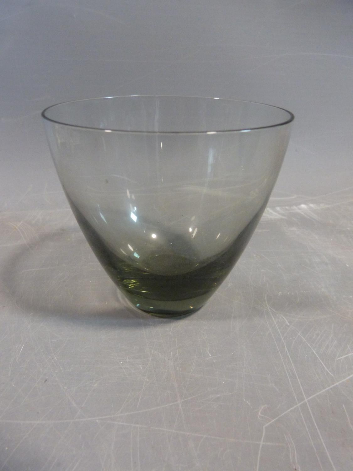 Six mid century glass blue grey bowls and six smokey grey drinking glasses. Possibly Danish. H 9. - Image 12 of 12