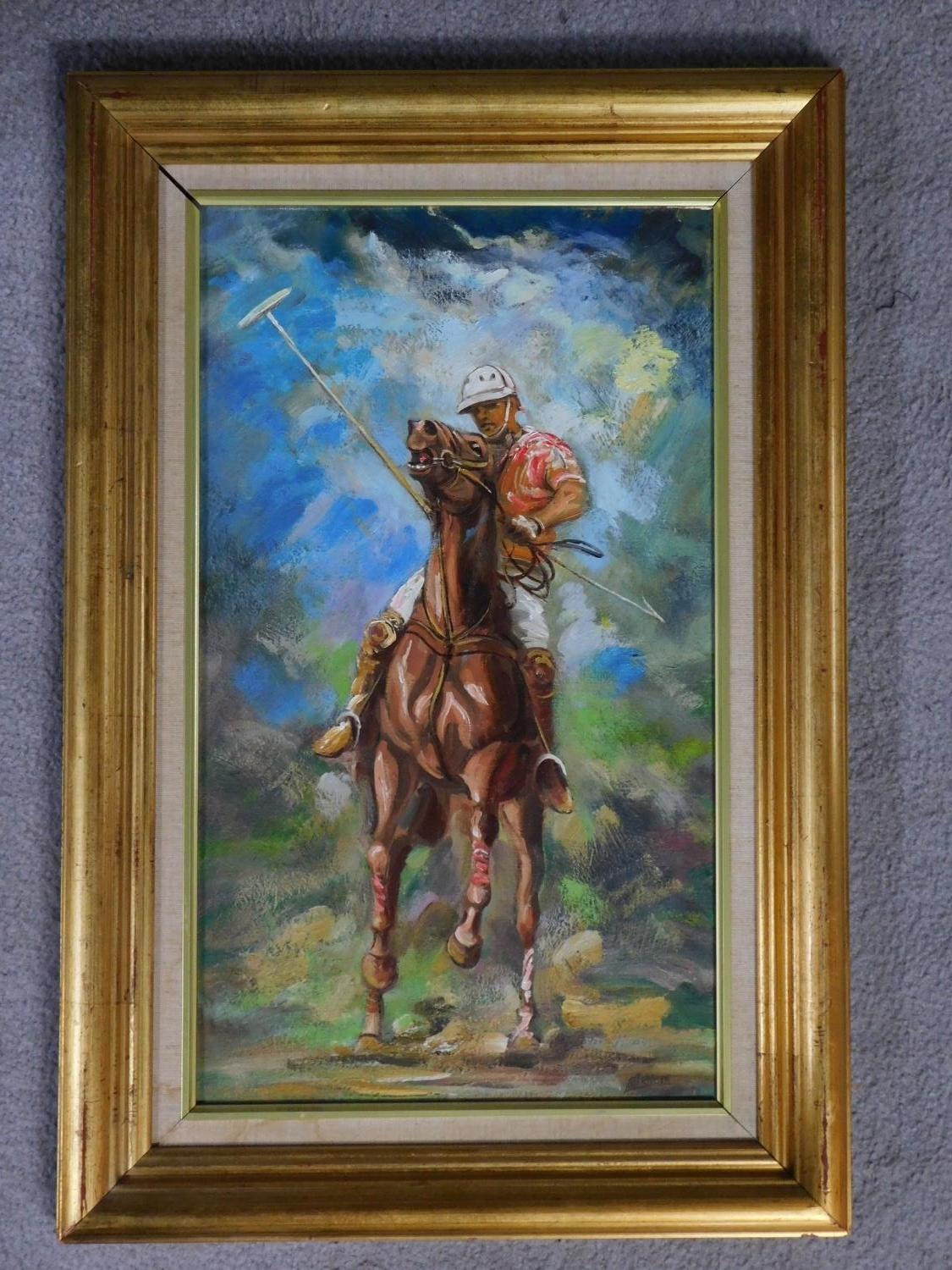 A framed oil on canvas of a polo player mounted on his horse, by Robert Barnete. 62x42cm - Image 2 of 4