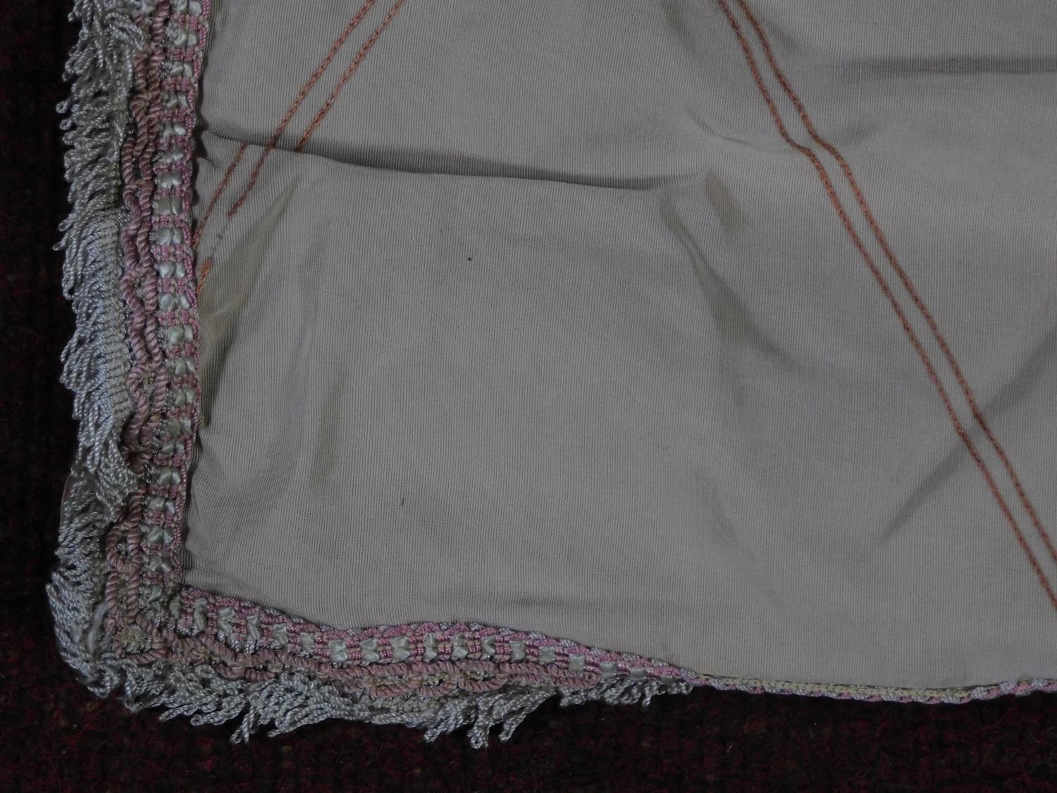 An antique Indian silk embroidered bed throw with tassel motifs and silk brocade edging. On the back - Image 3 of 5