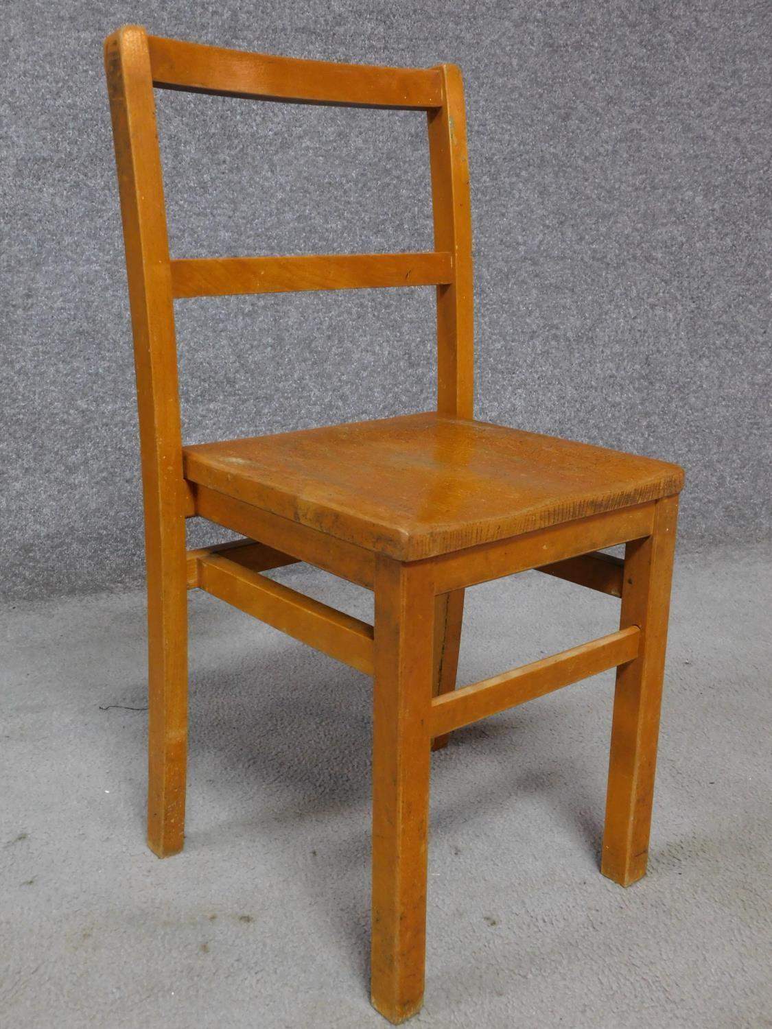 Four vintage oak children's school chairs on square stretchered supports. H.69cm - Image 3 of 3