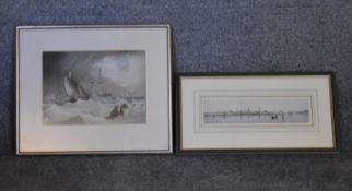 A framed and glazed watercolour, ships on a stormy sea and another of a Venetian canal scene. H.43 x