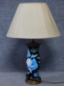 A vintage glass over metal table lamp with tropical flowers, foliage, birds and insects. Including a