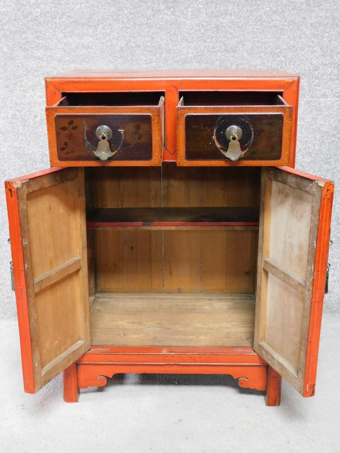 A Victorian bamboo cabinet together with a Chinese red lacquered cabinet with hand painted floral - Image 2 of 5