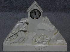 A French Art Deco white ceramic mantle clock signed G. Chevalier to the back for George Chavalier