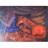 A framed oil on canvas by Spanish artist Robert Barnete, depicting a mare and her foal with cats.