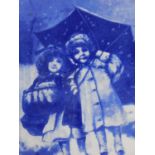 A carved gilt framed blue and white ceramic tile depicting two children under an umbrella.36x31cm