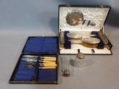 Cased silver brush set and silver plate items. Hallmarked: 1925, Birmingham, S star B for Synyer &