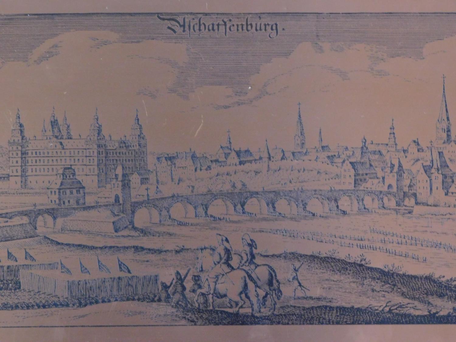 A vintage copper plate engraving of the German city of Aschaffenburg mounted on a wooden board. - Image 3 of 6