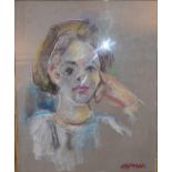 A large framed and glazed pastel portrait of a young girl, signed. H.70 x 60cm