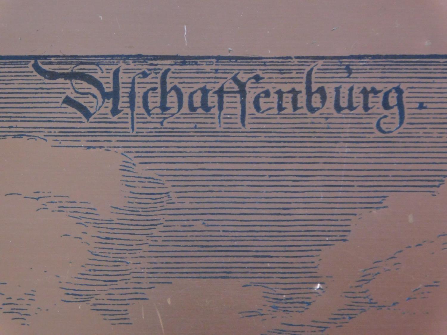 A vintage copper plate engraving of the German city of Aschaffenburg mounted on a wooden board. - Image 6 of 6