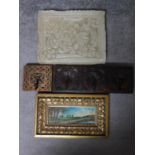 A miscellaneous collection of items, to include two hardwood carved hangers, a wax carving and a
