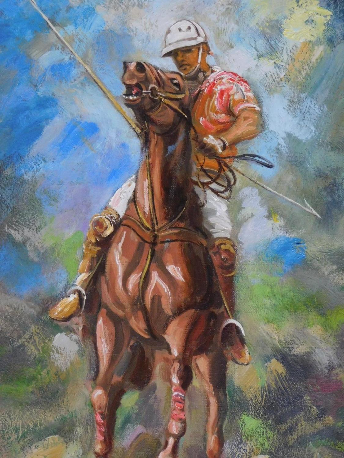 A framed oil on canvas of a polo player mounted on his horse, by Robert Barnete. 62x42cm