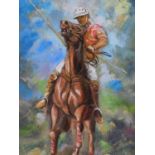 A framed oil on canvas of a polo player mounted on his horse, by Robert Barnete. 62x42cm