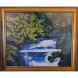 A framed and glazed oil on board, river scene, signed Rena Blomeley 2007. H.62 x 70cm
