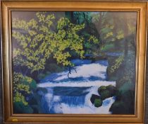 A framed and glazed oil on board, river scene, signed Rena Blomeley 2007. H.62 x 70cm