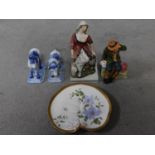 A collection of porcelain figures and a plate. A Royal Doulton 'Owd William' figure, an early hand