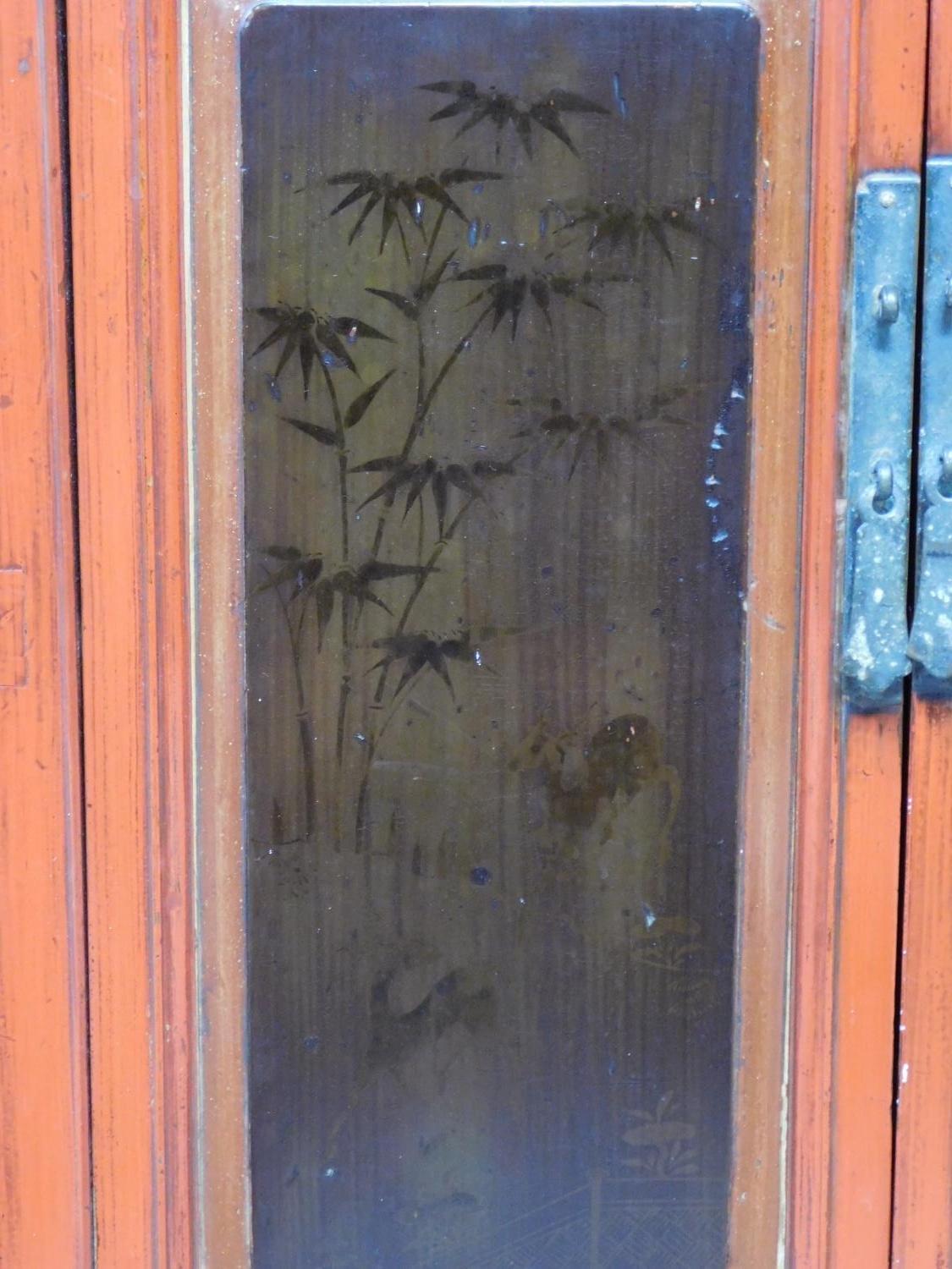 A Victorian bamboo cabinet together with a Chinese red lacquered cabinet with hand painted floral - Image 3 of 5