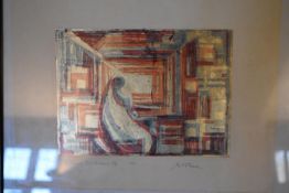 A limited edition abstract print, depicting a copper engraving. By Wolfgang Posse, signed. H.30 x