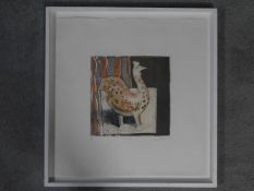 A framed and glazed signed screen print by Lydia Bauman, titled 'Indian Bird', 1990. Edition 45/