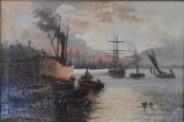 A 19th century framed oil on canvas, Thames with ships and barges, St. Paul's in the background,