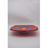 A art glass red, purple and orange abstract design pedestal dish by Australian artist Tricia