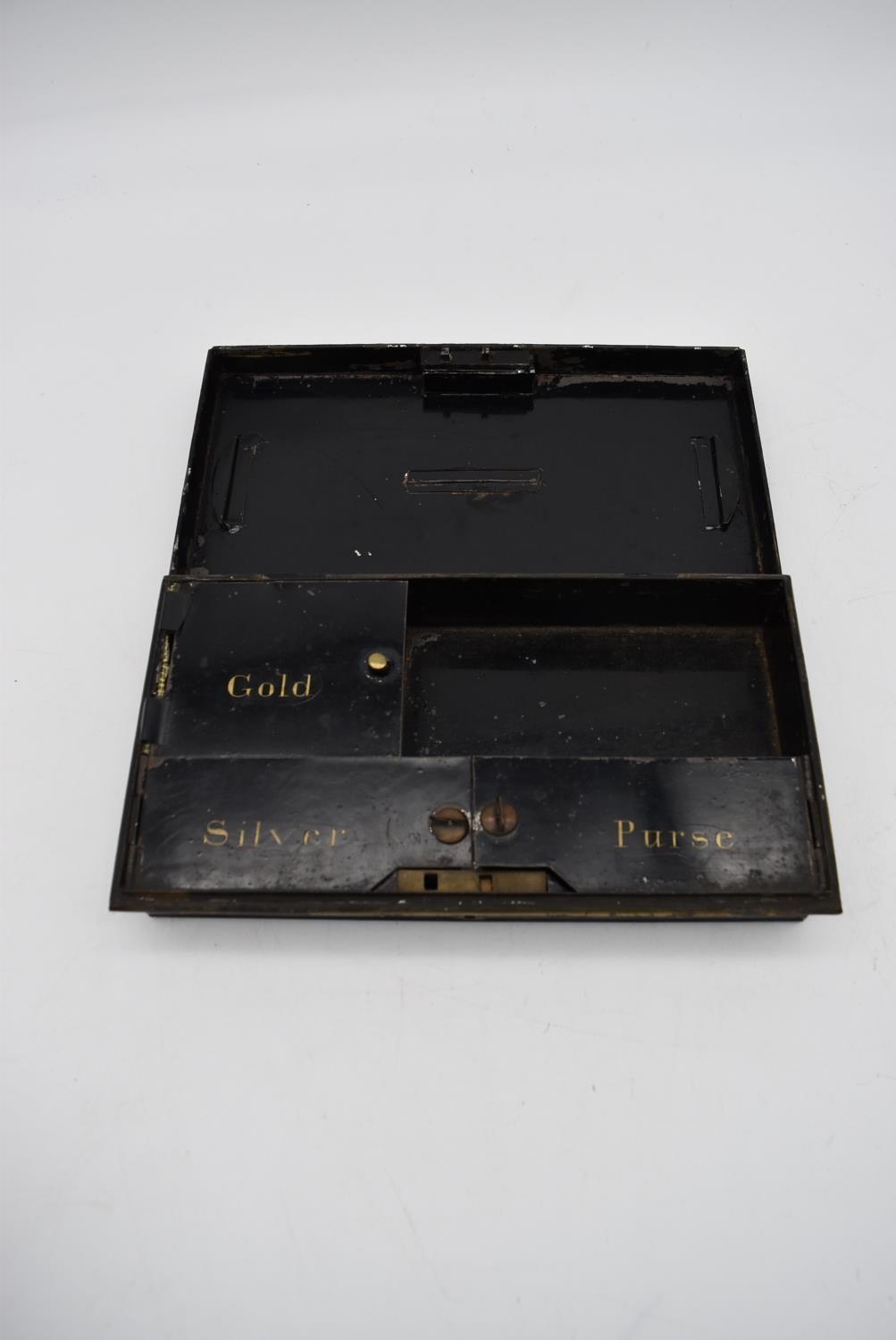 A 19th century heavy metal strong box with brass carrying handle and key and a collection of five - Image 5 of 13