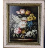 A gilt framed oil on canvas, still life flowers, signed. 39cm x 43cm.