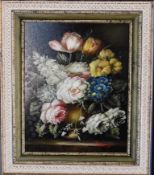 A gilt framed oil on canvas, still life flowers, signed. 39cm x 43cm.